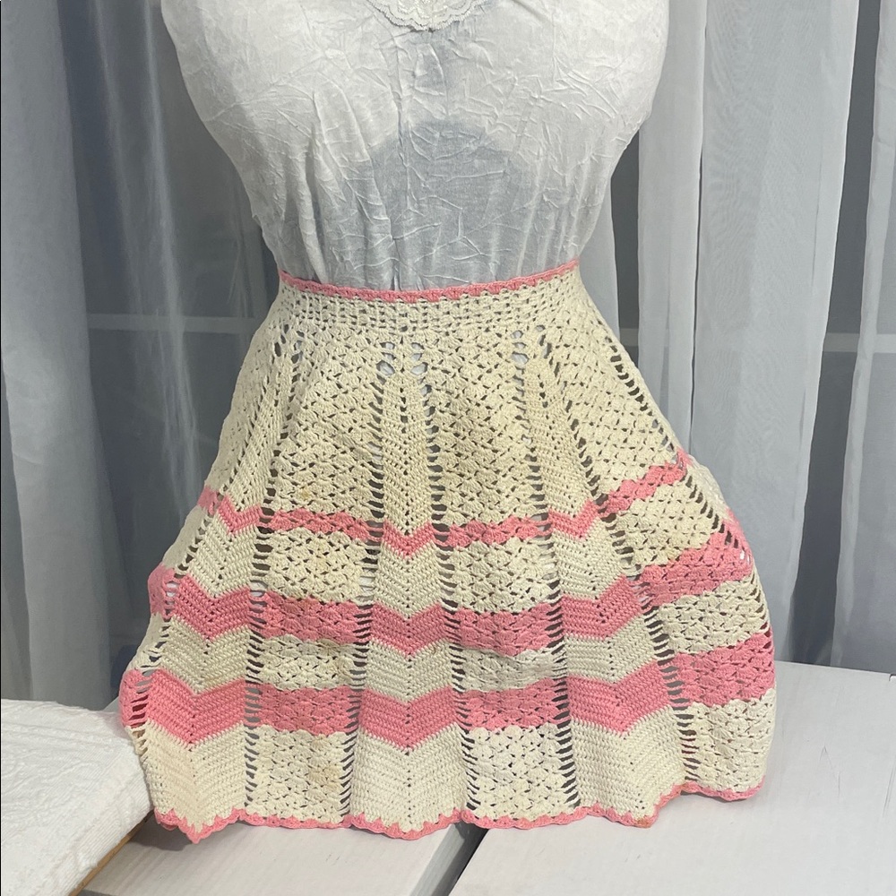 Vintage Crochet Pink and Cream Apron Skirt
